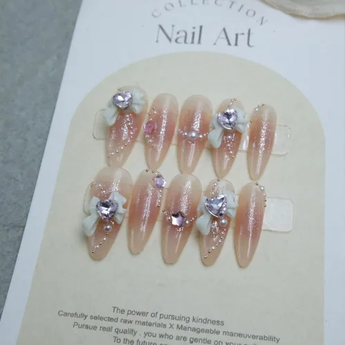 Vista 4 de Uñas postizas a presión, uñas postizas de almendra francesa a presión, uñas postizas medianas y largas, uñas postizas con lazo 3D, uñas acrílicas