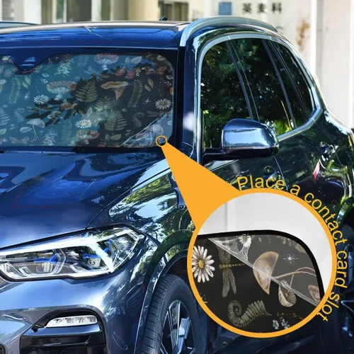 Vista 2 de Parasol para parabrisas de automóvil, diseño de hongos, helechos, plantas, botánico, protección solar para rayos UV y protección contra el calor