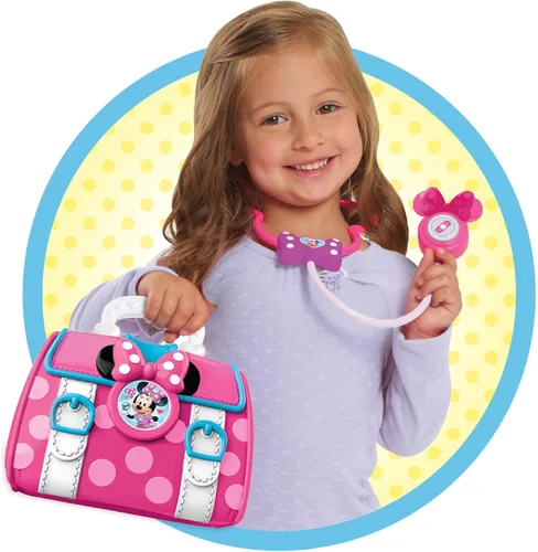 Vista 5 de Disney Junior Minnie Mouse Bow-Care Kit médico de 8 piezas para niños pequeños de 3 a 5 años, estetoscopio de luces y sonidos, licencia