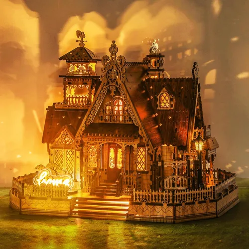 FUNPOLA Rompecabezas de madera 3D modelo de casa de campo – Kit de construcción en miniatura con luces LED de chispa – Arquitectura rural para