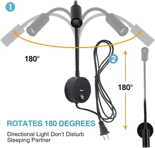 Vista 7 de Luz de lectura regulable montada en la pared con puerto de carga USB, luz de lectura LED enchufable, lámparas de pared con cuello de cisne flexible