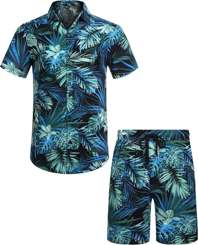 Vista 2 de COOFANDY - Conjunto de camisa hawaiana floreada de manga corta con botones para hombre