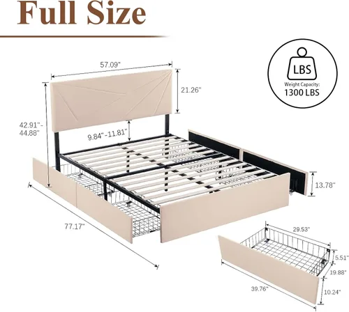 Vista 2 de Base de cama de tamaño matrimonial con 4 cajones y cabecera ajustable, plataforma tapizada con estación de carga tipo C y puerto USB, construcción
