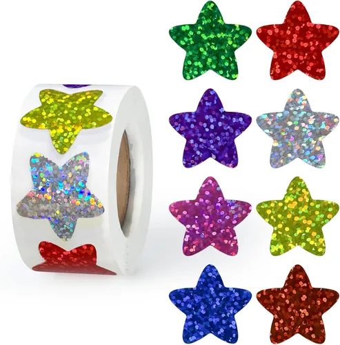 Vista 8 de 500 calcomanías de estrellas multicolor para recompensas infantiles, calcomanías holográficas de estrellas de 1 pulgada para bricolaje