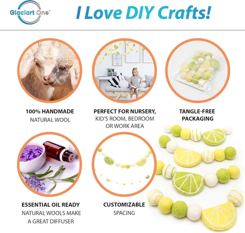 Vista 2 de GLACIART ONE Guirnalda de bolas de fieltro de limón de verano Guirnalda decorativa de pompones de lana para colgar en el hogar, decoración