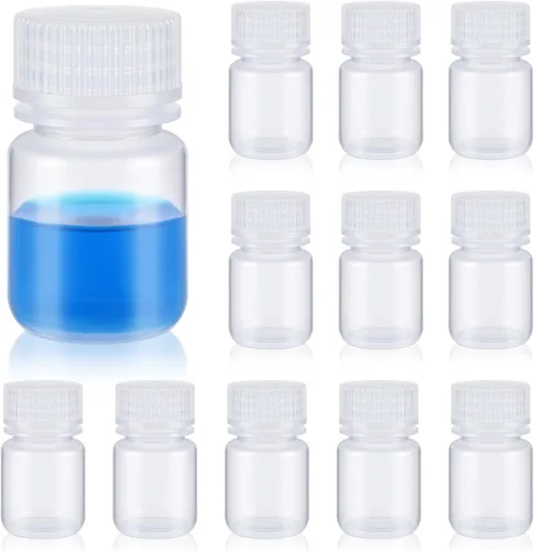 Tatuo 12 botellas de plástico de 1 onza con reactivo de polipropileno de 1.0 fl oz con tapas de rosca, recipientes de muestra de PP transparentes