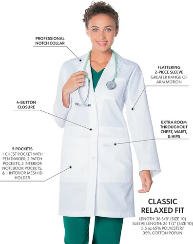 Vista 2 de 5 bolsillos, ajuste clásico relajado, longitud completa, 3 botones, bata de laboratorio para mujer 3165