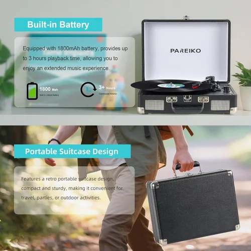 Vista 2 de Tocadiscos portátil con plato giratorio de 3 velocidades, conectividad Bluetooth, batería incorporada de 1800 mAh, diseño retro de maleta