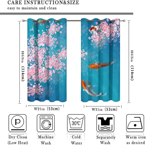 Vista 2 de Cortinas retro de pez japonés para dormitorio, estilo rústico, asiático, japonés, flor de cerezo, aislamiento térmico, oscurecimiento
