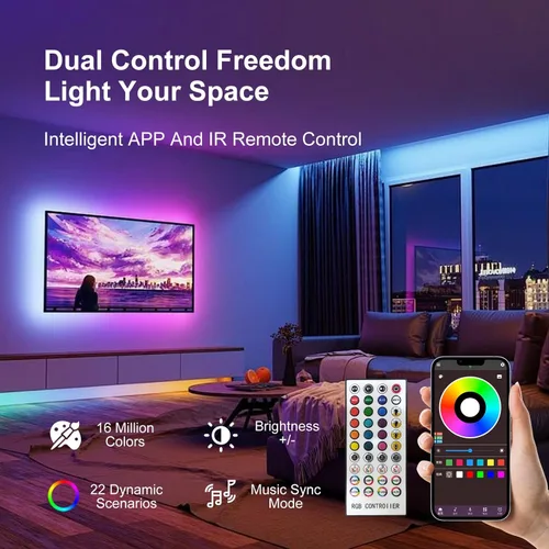 Vista 5 de Luces LED de 100 pies para dormitorio, luces LED RGB Bluetooth sincronizadas con música, aplicación inteligente y control remoto, tiras de luz LED