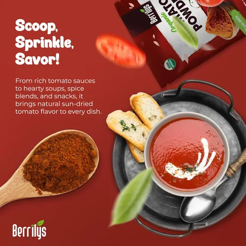 Vista 3 de Berrilys Tomate seco en polvo con sal, certificado orgánico USDA, deshidratado, molido, ideal para pizza, pasta, hornear, condimentos, sopas