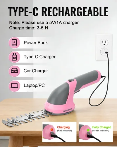 Vista 7 de WORKPRO - Cizalla manual 2 en 1 para césped, setos y arbustos, inalámbrica, de 7.2 V, cizalla eléctrica con batería de litio recargable, incluye Rosa