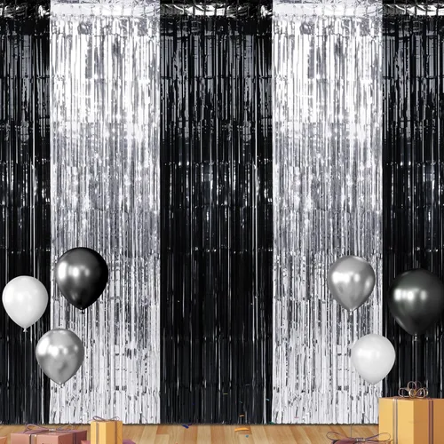 Vista 21 de Pack de 6 Cortinas de 1 m x 2 m con Flecos de Aluminio para Graduación, Cortinas de Oropel Metálico en Oro Negro, Tiras de Papel de Aluminio