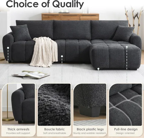 Vista 5 de Merax Boucle - Moderno sofá modular en forma de L con otomana, juego de sofá cama de 4 plazas con 3 almohadas, marco de metal y madera resistente