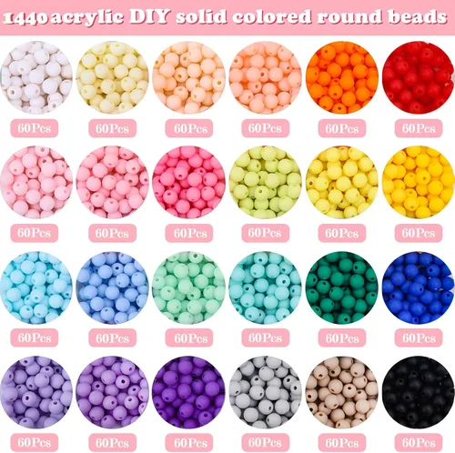 Vista 3 de 1440 piezas de cuentas redondas de acrílico mate de 6 mm de color caramelo, 24 colores surtidos de cuentas de chicle de plástico con agujero