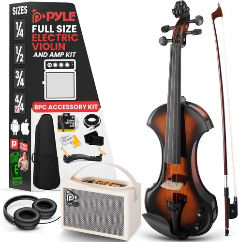 Vista 8 de Pyle Kit de violín eléctrico de tamaño completo, violín silencioso de madera maciza 4/4 con estuche rígido, arco, accesorios de ébano y sintonizador