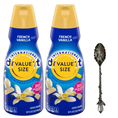 Crema líquida de café de vainilla francesa. Paquete de dos (2) botellas de 32 onzas líquidas de crema de café suave y cremosa deliciosa con cuchara