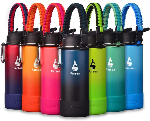 Vista 54 de Botella de agua Farsea aislada con asa de paracord, protector y 2 tapas (tapa de pajita y tapa de boquilla), de acero inoxidable, boca ancha, doble