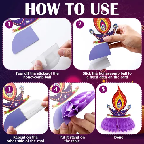 Vista 4 de 9 piezas Diwali decoración de fiesta Diwali Honeycomb Centros de mesa Deepavali Vela Deepavali Lámpara de aceite Centro de mesa Toppers Surtido