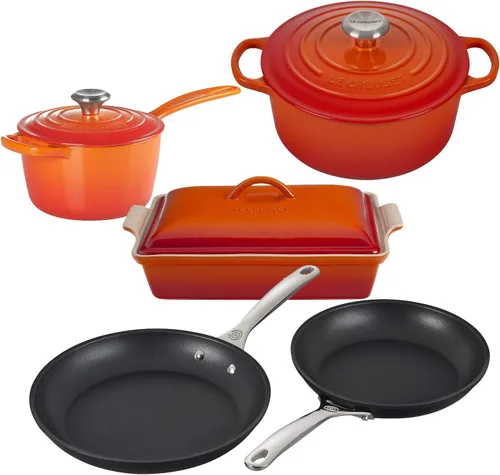 Le Creuset Juego completo de 8 piezas de hierro fundido esmaltado multiusos con perillas SS, cerámica y antiadherente endurecido PRO sartén - Llama