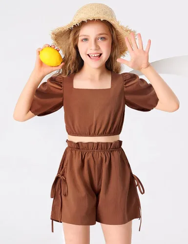 Vista 2 de BAVADER Conjunto de ropa para niña, 2 piezas, con cuello cuadrado, manga abombada, pantalones cortos con bolsillo con cordón para verano