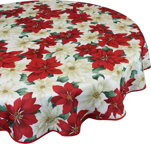 Vista 4 de Violet Linen Mantel con estampado floral de flor de pascua europea, color beige, 60 pulgadas, redondo
