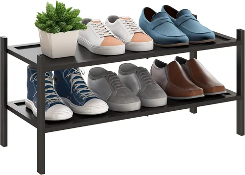 Vista 14 de BMOSU - Estante de zapatos pequeño de bambú de 2 niveles premium, organizador de almacenamiento apilable para pasillo, armario, sala de estar y Negro