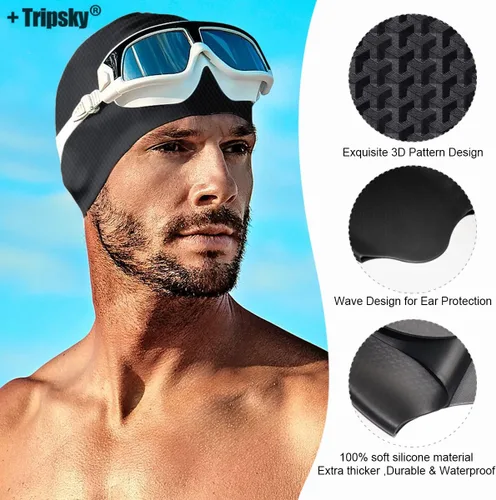Vista 2 de Tripsky Silicone Swim Cap for Long Hair, Swimming Cap for Women Men Teenagers, Stereoscopic Pattern Bathing Cap Ideal for Curly Short Medium Long
