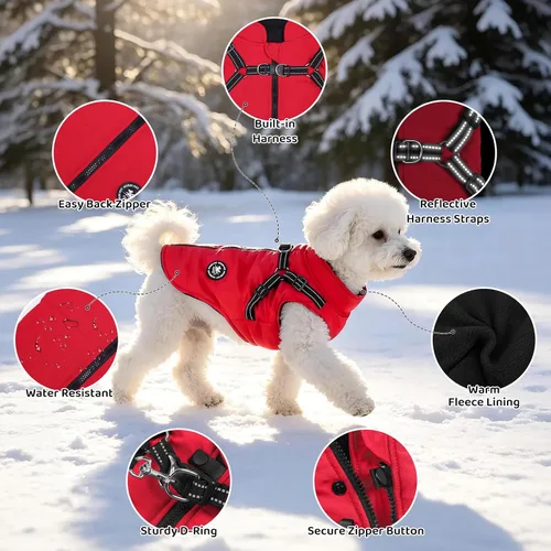 Vista 4 de Norbi - Chaqueta cálida para mascotas, arnés de chaleco para perros pequeños, abrigo de invierno 2 en 1 para cachorros, abrigo para clima frío XS