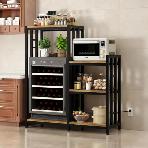Vista 5 de Estante de cocina de 6 niveles con toma de corriente, soporte para horno de microondas con almacenamiento, adecuado para cocina, sala de estar