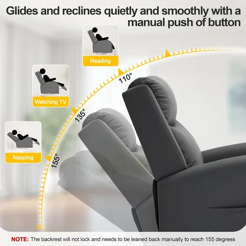 Vista 4 de Faux Leather Manual Swivel Rocker Recliner Chair, Vibration Massage, Gray Grey
