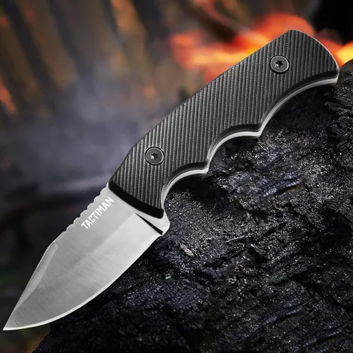 Vista 2 de Cuchillo táctico de hoja fija de 3.14 pulgadas con una funda protectora resistente, ideal para campamento, táctico, al aire libre, supervivencia