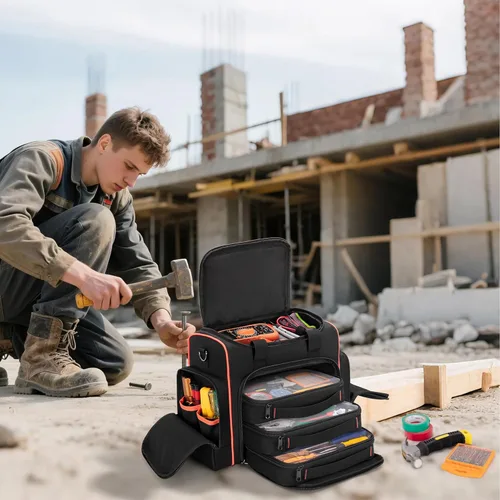 Vista 8 de Bolsa de herramientas Marscamd con 3 estuches extraíbles, bolsa de herramientas de 2 capas para herramientas manuales, negra con ribete rojo