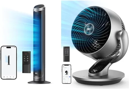 Dreo Paquete de ventiladores de torre inteligente y circulador de aire, ventilador silencioso oscilante de 90° sin aspas con control remoto y