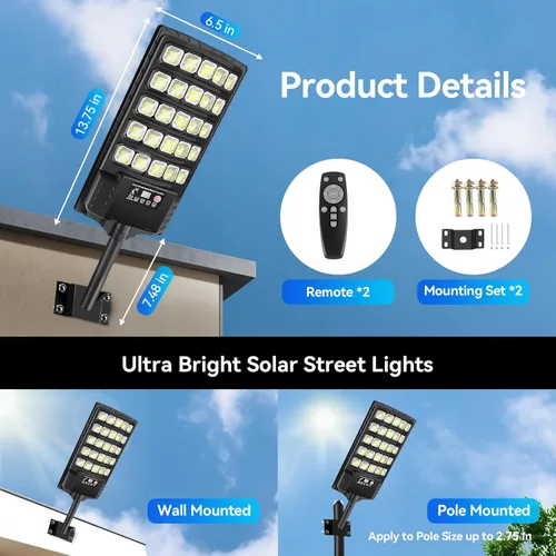 Vista 6 de Solar Street Lights Outdoor Waterproof, 20000LM 6500K Motion Sensor LED Flood Lights, Dusk to Dawn Solar Lights with Remote, Solar-Powered Parking