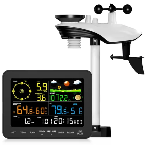 Weather Stations Wireless Indoor Outdoor, Weather Station with Rain Gauge and Wind Speed, Weather Forecast, Temperature, Air Pressure, Humidity,