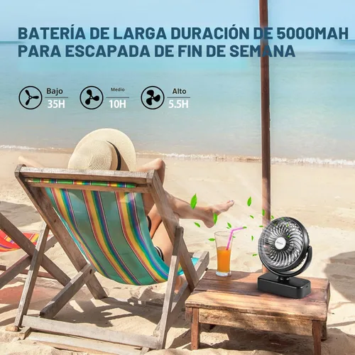 Vista 4 de Ventilador portátil de campamento con linterna LED, ventilador de batería recargable de 40 horas de trabajo con gancho para colgar para tienda