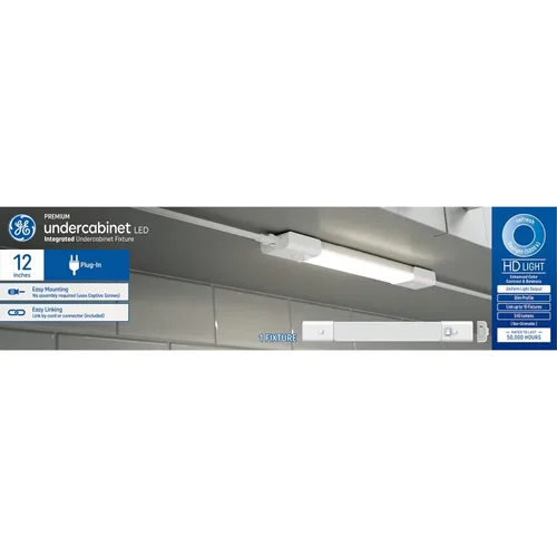 GE Lámpara LED HD+ para debajo del gabinete, accesorio de perfil delgado integrado enlazable para cocinas, color de luz diurna, enchufable, 12