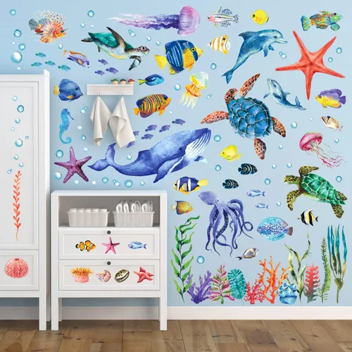 Vista 3 de BASHOM DS12-8048 128 calcomanías de pared bajo el mar, calcomanías de peces oceánicos, tortuga, medusas, algas marinas, extraíbles para niños