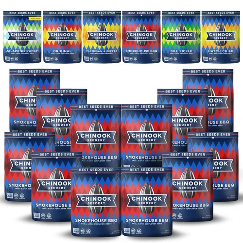 Chinook Seedery Smokehouse BBQ Flavor 4 oz (paquete de 12) y muestra de 4 onzas (paquete de 6) Combo – Semillas de girasol jumbo tostadas – Snacks
