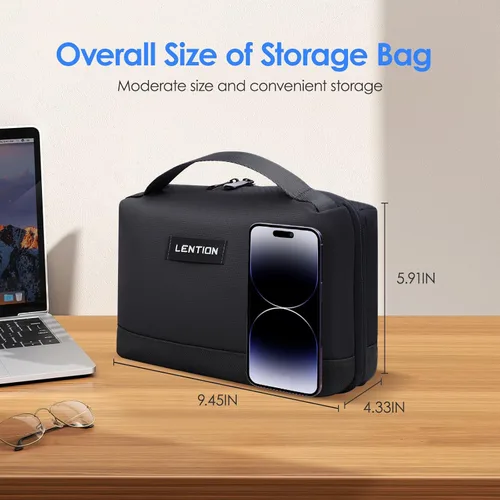 Vista 2 de LENTION Estuche organizador de electrónica premium con asa, bolsa grande de viaje con múltiples compartimentos para tableta, cargadores de MacBook