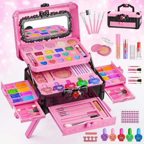 Juegos de maquillaje para niñas Kits de maquillaje de simulación, juguetes de princesa lavables reales con espejo, tocador real con soporte,