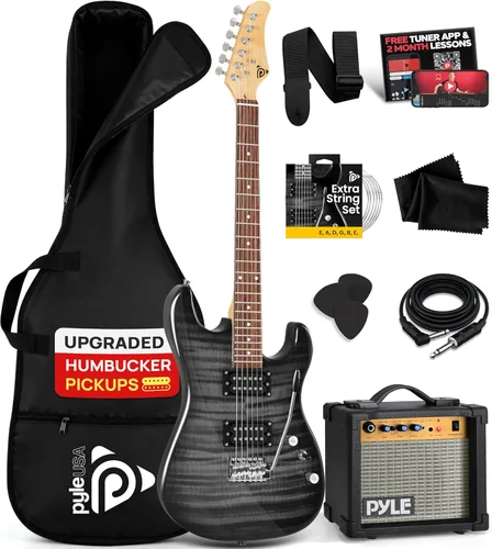 Pyle Kit de guitarra eléctrica con amplificador, instrumento de tamaño completo con pastillas Humbucker, amplificador de guitarra eléctrica y Negro