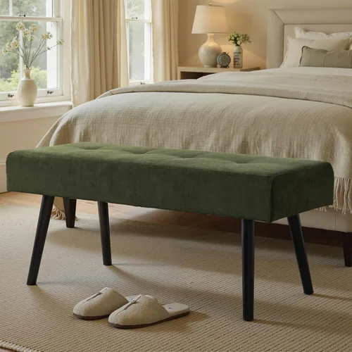 Vista 26 de Banco de entrada, banco beige para dormitorio, moderno extremo otomano de cama, bancos acolchados de pana para sala de estar, vestíbulo, vestíbulo