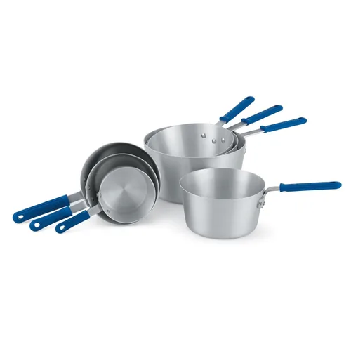 Vista 2 de Vollrath 434212 Sartén de aluminio cónico de 2.75 cuartos de galón con agarre de silicona para restaurantes, cafeterías, catering Mango frío azul