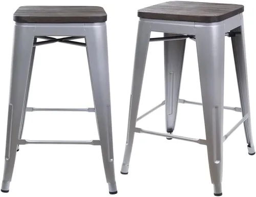 Vista 281 de GIA Taburete de mostrador sin respaldo de 24 pulgadas, cantidad de 4, bronce con asiento de madera clara