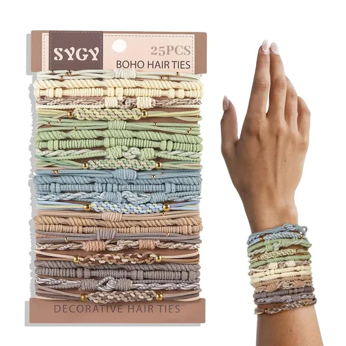 Vista 11 de SYGY 10 piezas de gomas de pelo estilo boho, pulseras para cabello grueso y fino, 5 estilos sin daños, colores café oscuro