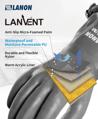 Vista 2 de LANON Waterproof Winter Work Gloves, Moisture-permeable PU Coated，Warm Gloves for Freezer & Outdoor Work