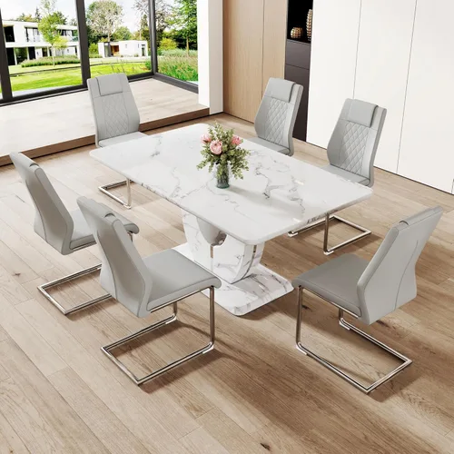 Vista 102 de JUFU Juego de mesa de comedor moderno para 4, juego de mesa de cocina rectangular de 63 pulgadas con mesa de mármol sintético y 4 sillas tapizadas