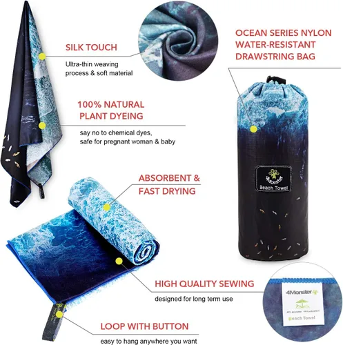 Vista 41 de 4Monster Toalla de playa de microfibra de secado rápido, toalla de viaje ligera súper absorbente para nadadores, toalla de camping sin arena